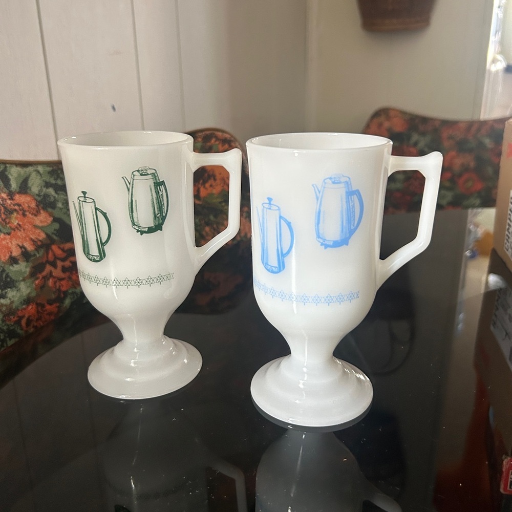 Adorable Rare Vintage Milk Glass Pedestal Mugs with Green and Blue Designs
